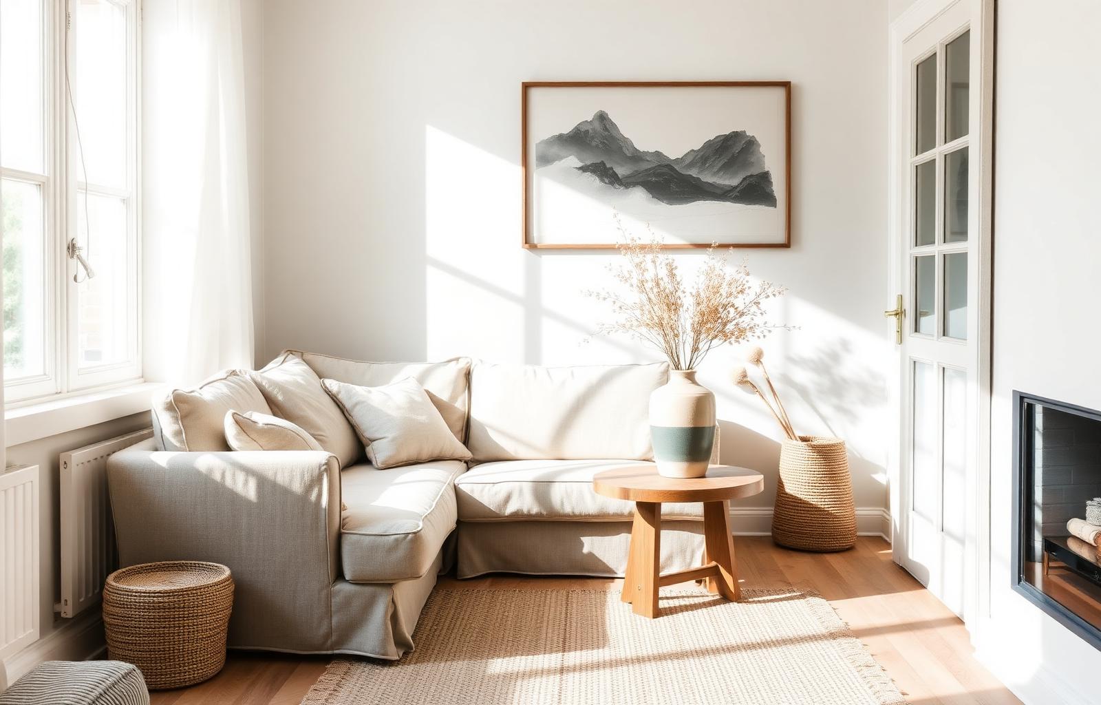 A sunlit corner of a modern farmhouse living room